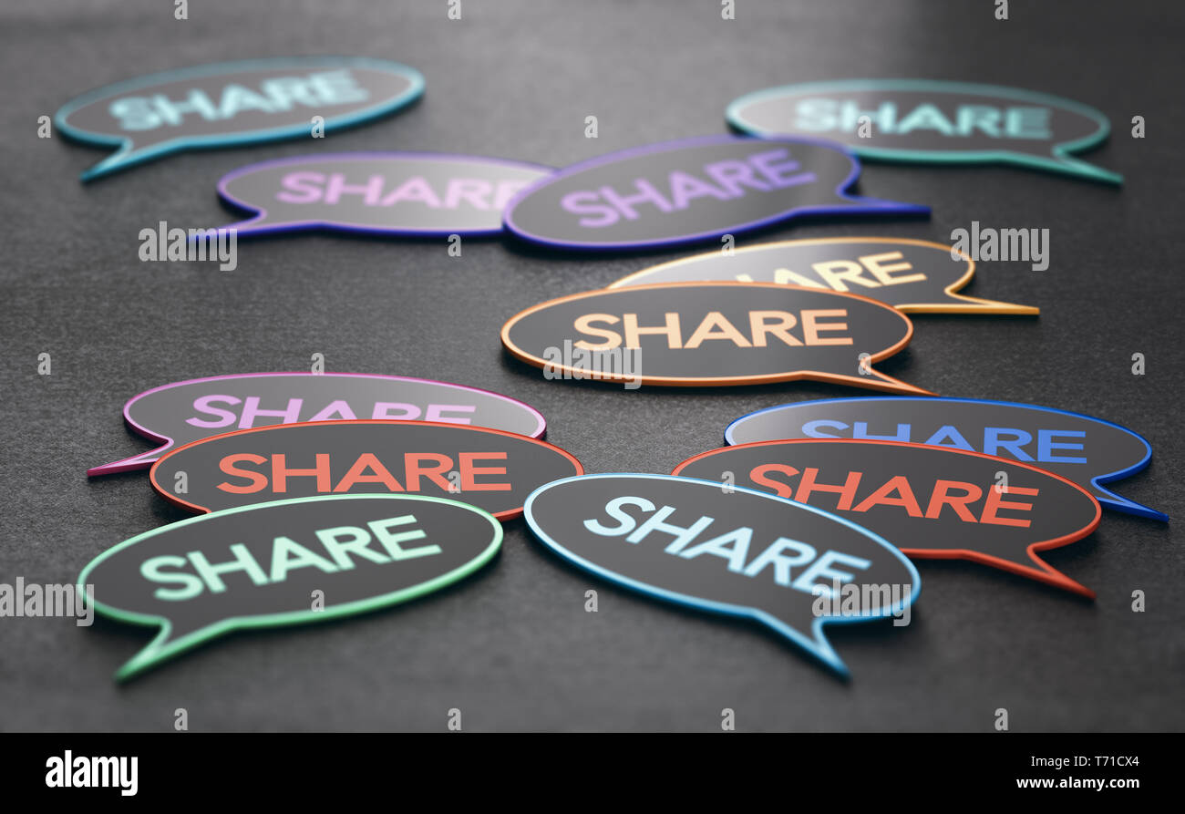 Speech bubbles with the words share. Concept of forum or and communication. 3D illustration Stock Photo
