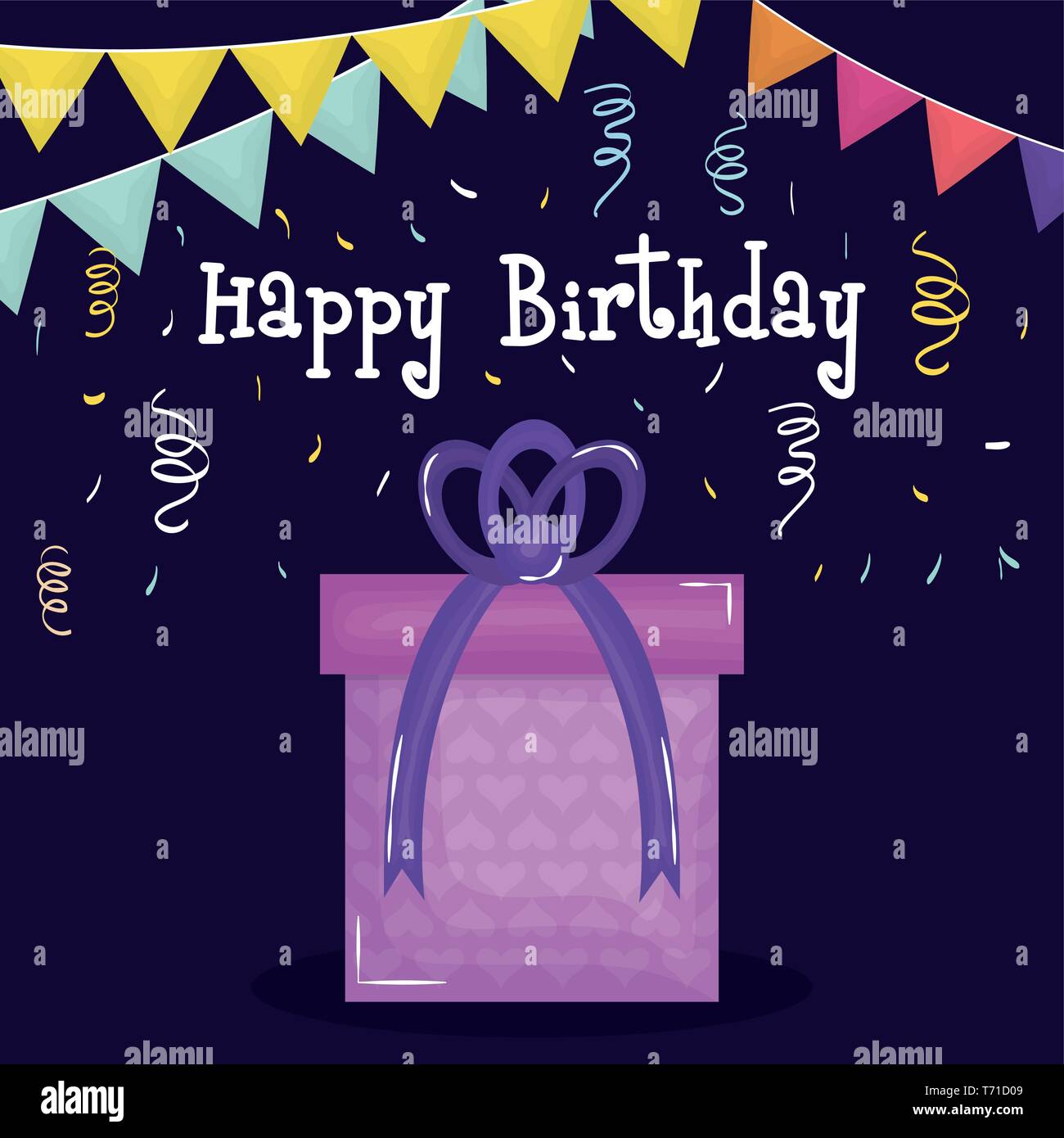 happy birthday card with gift and confetti vector illustration design