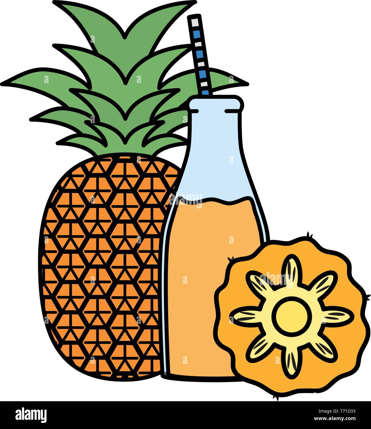 fresh pineapple juice fruit in botttle with straw vector illustration ...
