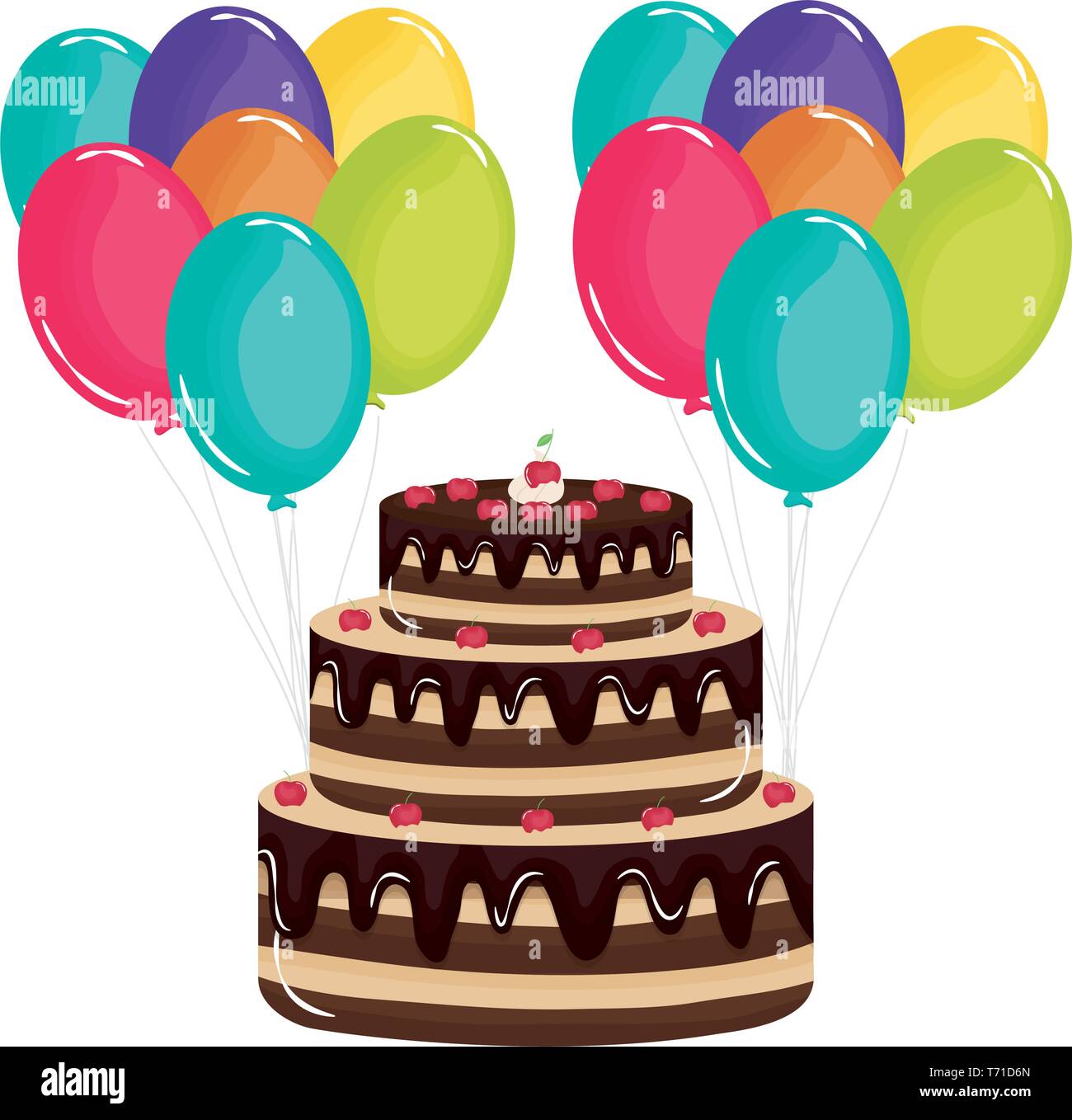 delicious sweet cake with balloons helium vector illustration design ...