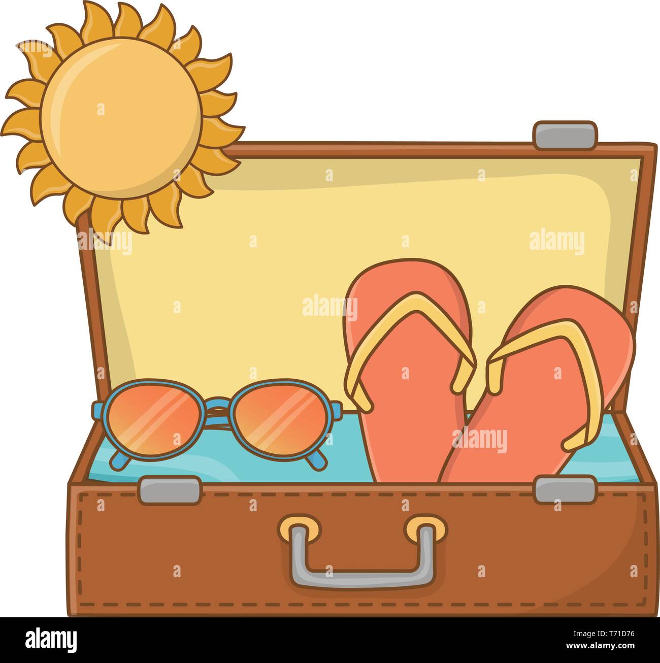 Tourist trip summer travel open suitcase with sun sandals and ...