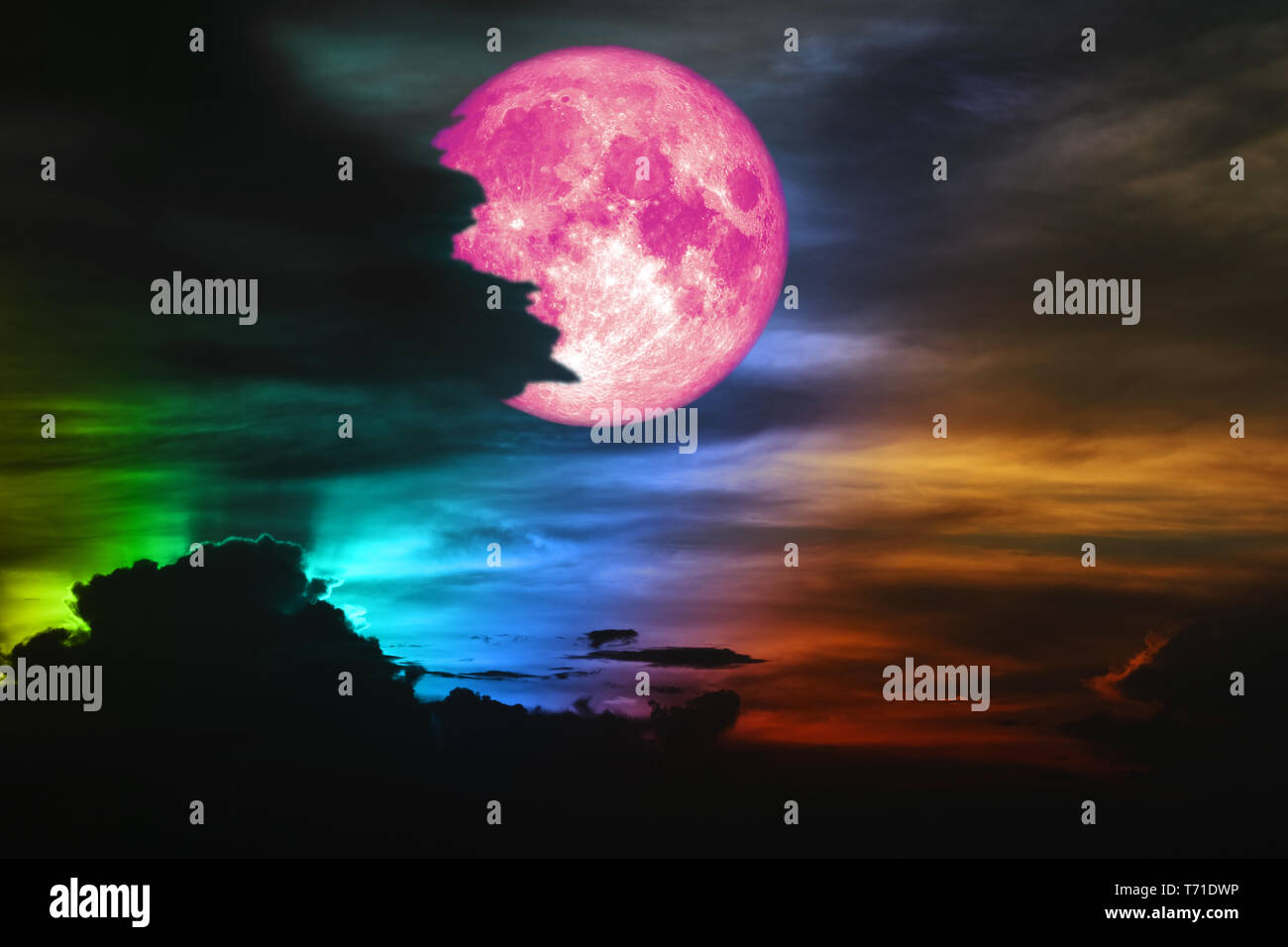 pink moon on colorful cloud and rainbow on night sky, Elements of this image furnished by NASA Stock Photo