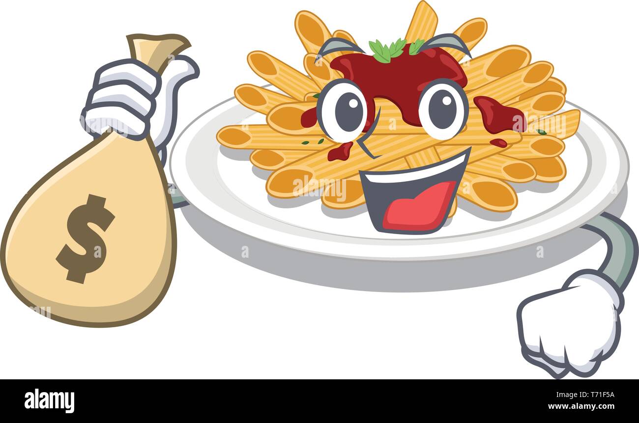 With money bag pasta is served on cartoon plates Stock Vector Image