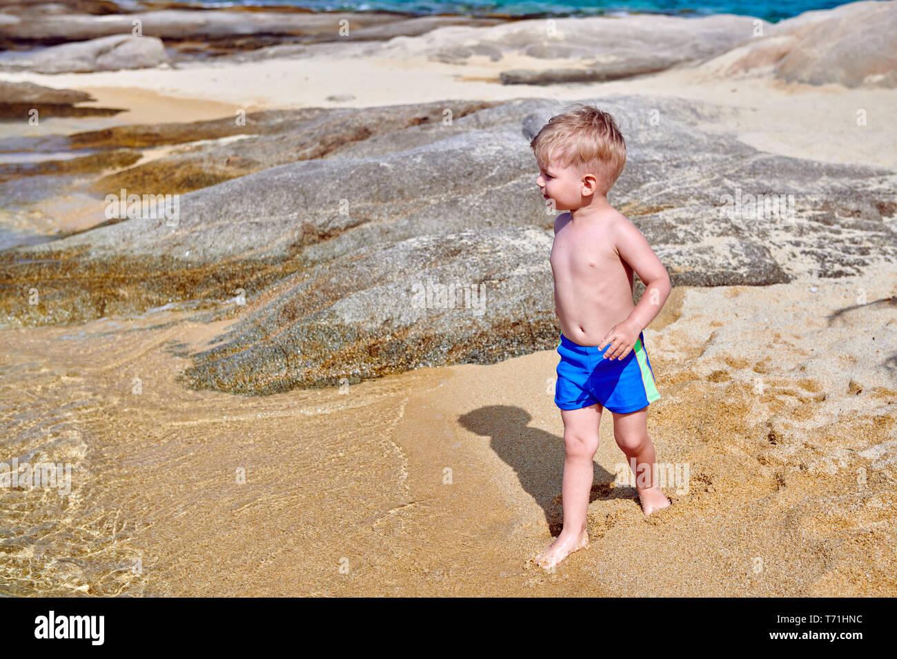 Toddler boy on beach Stock Photo Alamy
