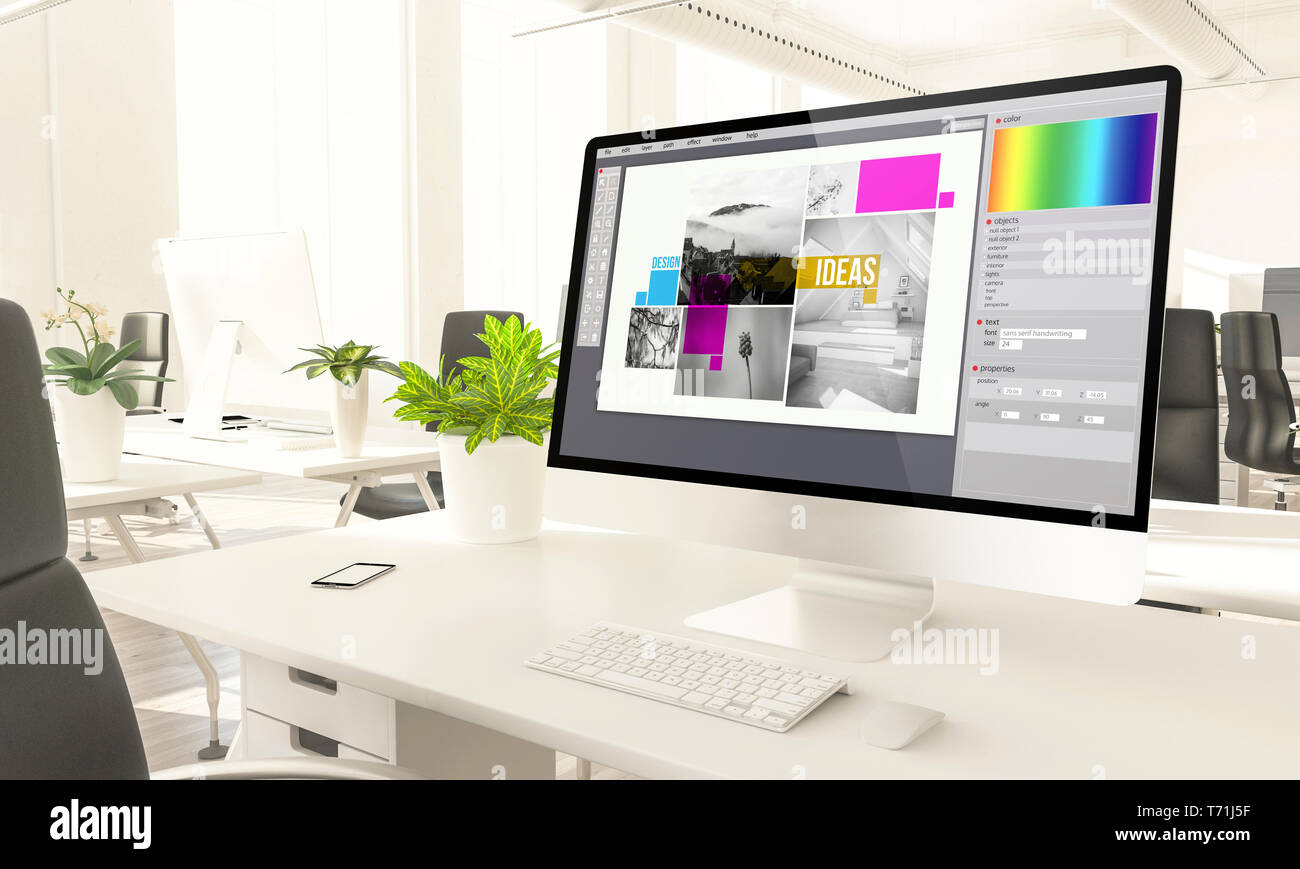 Download Graphic Design Screen Mockup Computer In Loft Office 3d Rendering Stock Photo Alamy