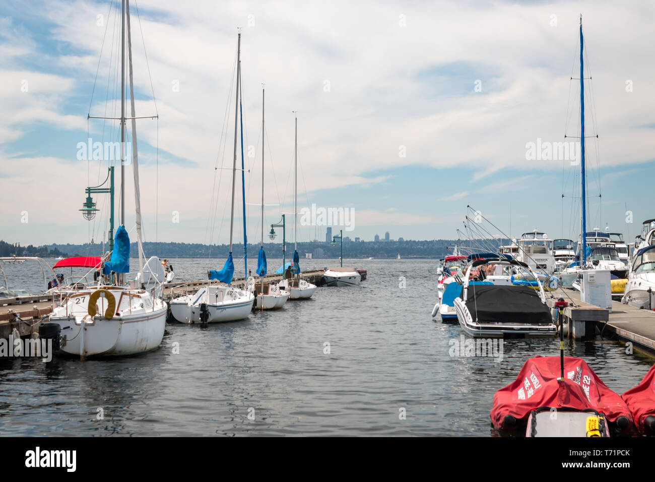 Pleasure boats and sailboats docked in Kirkland, Washington near Marina Park. Stock Photo