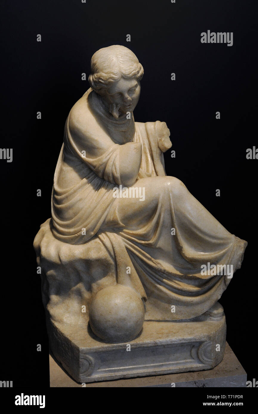 Statue of Urania, muse of Astronomy. 1st century BC. Marble. From Churriana (Malaga province, Andalusia, Spain). National Archaeological Museum. Madrid. Spain. Stock Photo