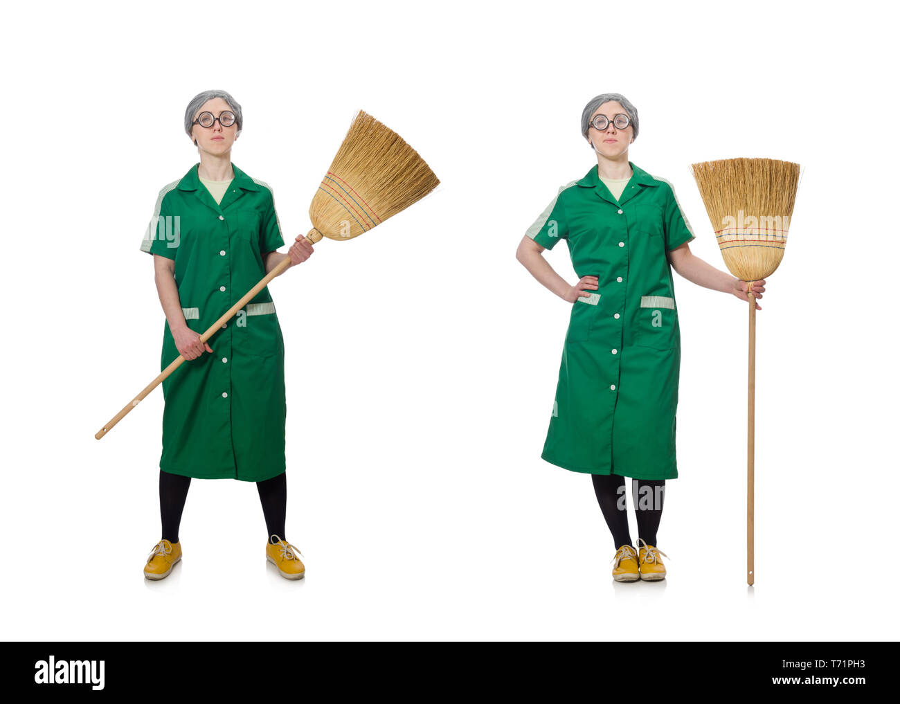 Woman with sweeping brush isolated on white Stock Photo Alamy