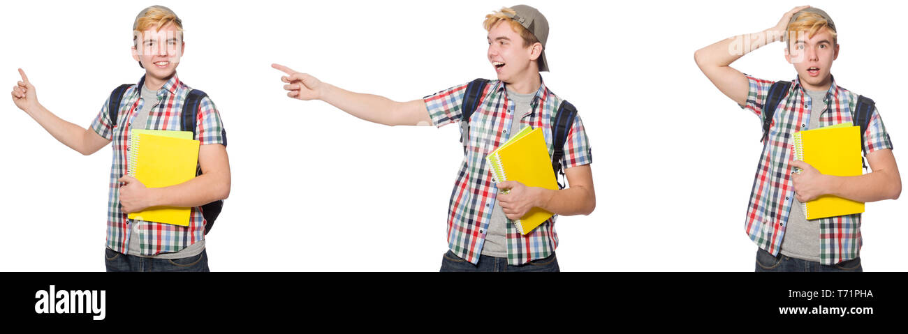 Student with backpack and notes isolated on white Stock Photo - Alamy
