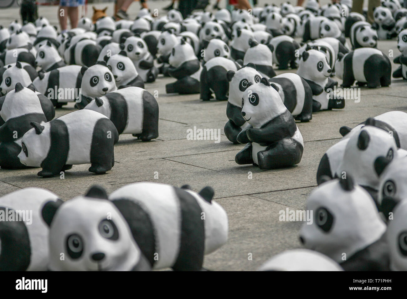 Berlin, Germany, August 6, 2013 - The WWF celebrates its 50th anniversary with a panda tour. 1600 sculptures of Pandabaeren were set up in front of Berlin Central Station. These correspond to the actually still living number of Pandabaeren in liberty. Stock Photo