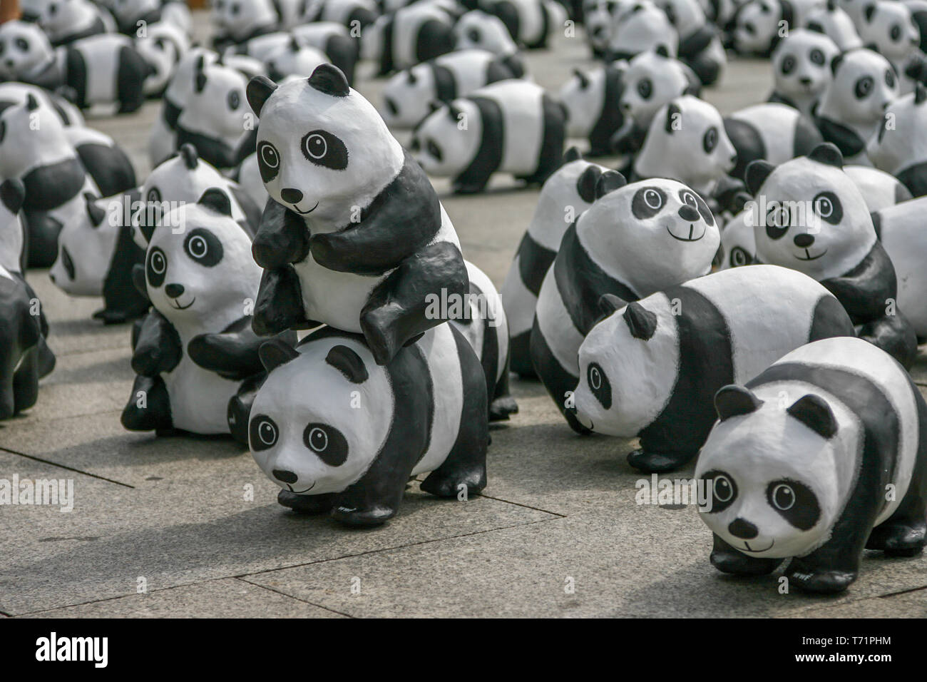 Berlin, Germany, August 6, 2013 - The WWF celebrates its 50th anniversary with a panda tour. 1600 sculptures of Pandabaeren were set up in front of Berlin Central Station. These correspond to the actually still living number of Pandabaeren in liberty. Stock Photo