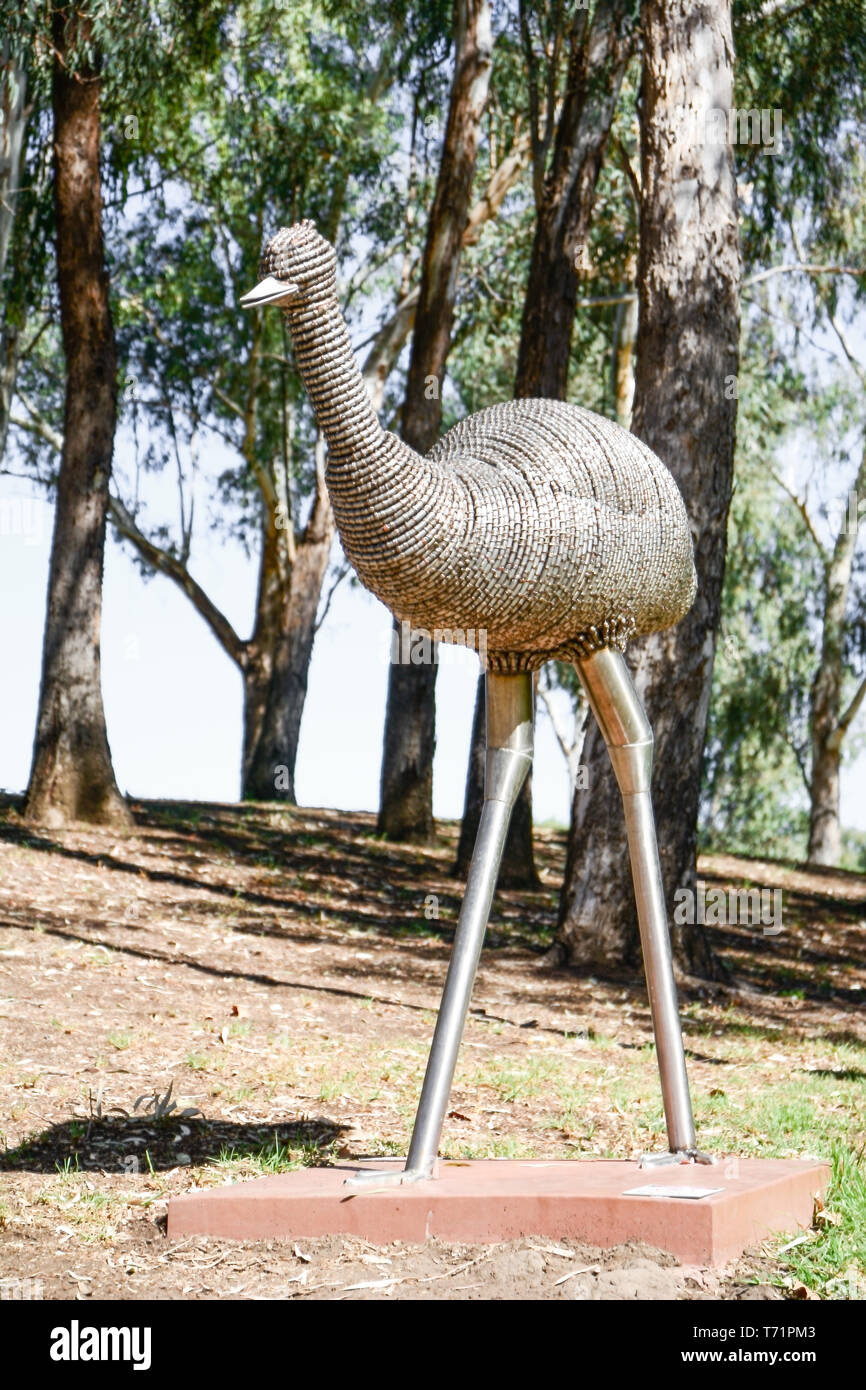 Stylised stainless steel artwork of an emu by artist Amy Hammond in Bicentennial Park Tamworth Australia. Stock Photo