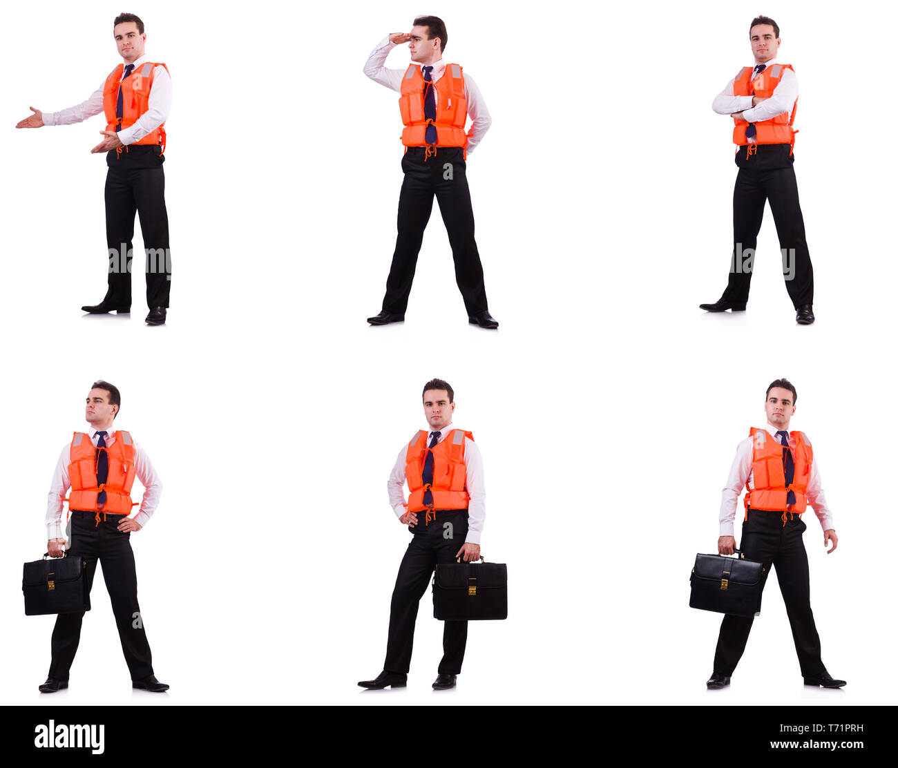 Man in life-jacket isolated on white Stock Photo