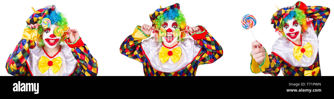 Funny male clown with lollipop Stock Photo