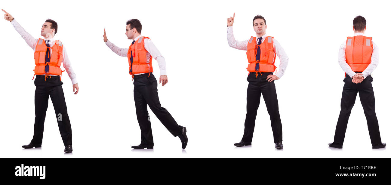 Man in life-jacket isolated on white Stock Photo