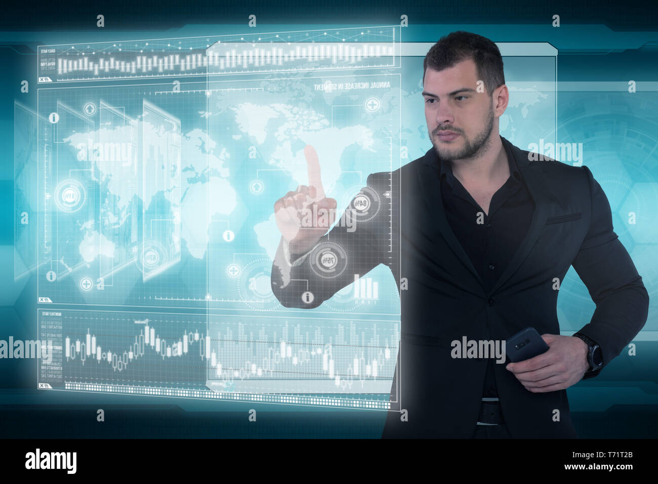 Businessman works with virtual holographic interface. Future technology concept Stock Photo