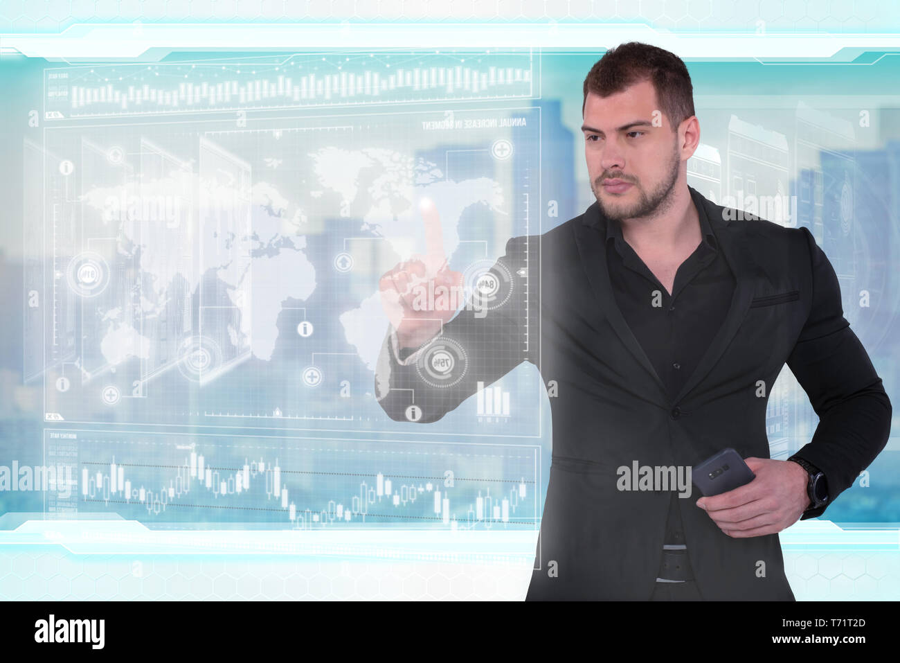 Businessman works with virtual holographic interface. Future technology concept Stock Photo