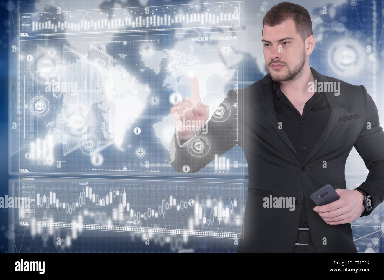 Businessman works with virtual holographic interface. Future technology concept Stock Photo