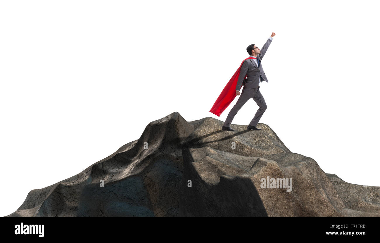 Superhero businessman on top of mountain Stock Photo - Alamy