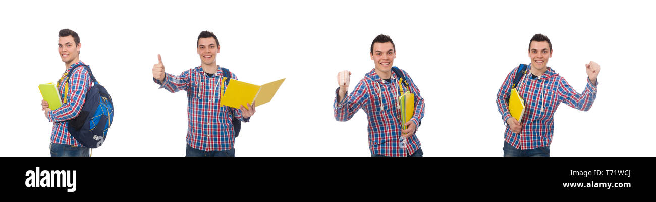 Smiling caucasian student with backpack and book isolated on whi Stock ...