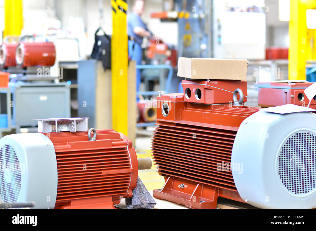 mechanical engineering: closeup of electric motors in production in a modern factory Stock Photo