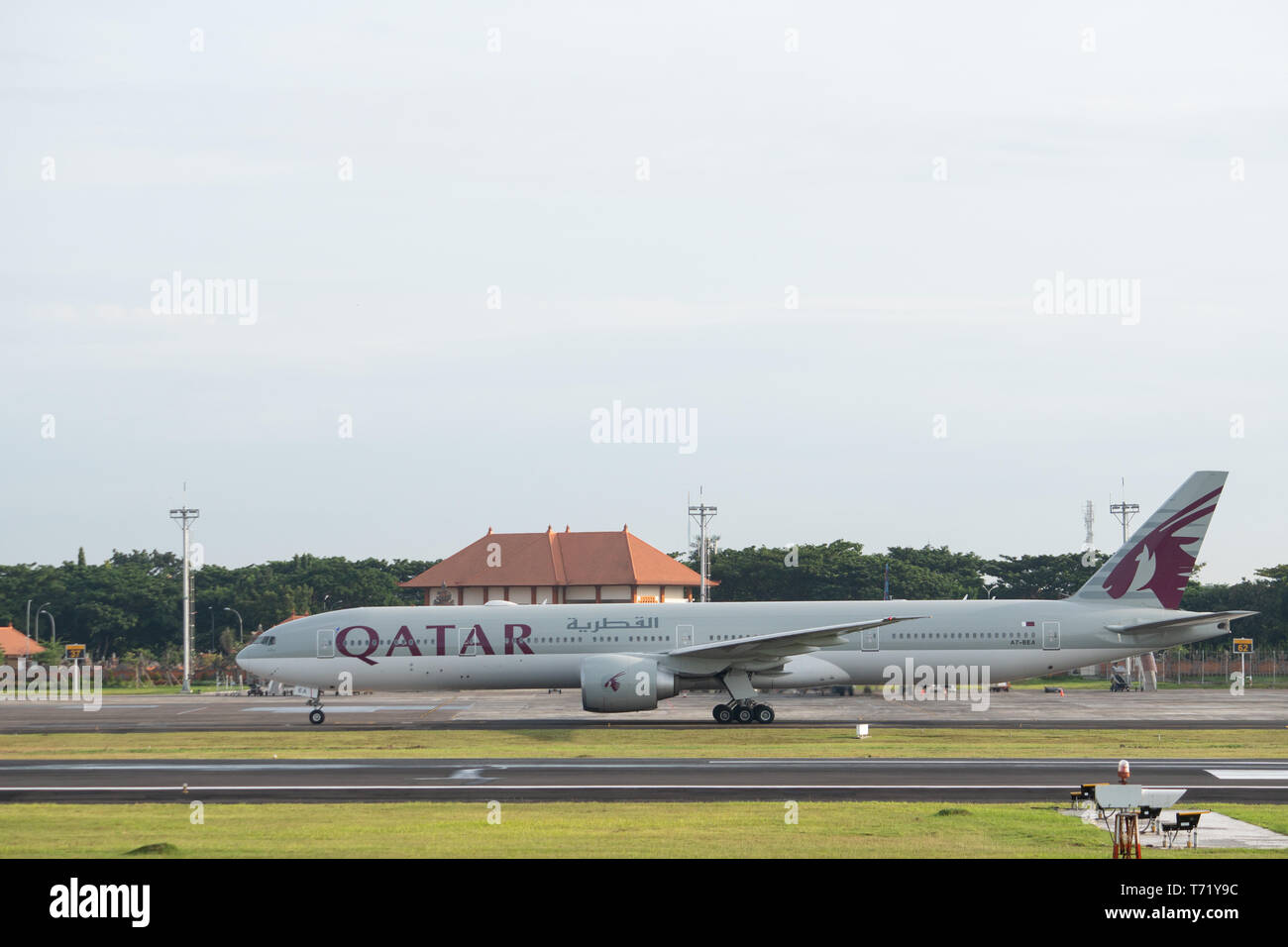 DENPASAR/BALI-APRIL 20 2019:Commercial aircraft owned by white Indonesian Garuda airlines are heading for the apron at the international airport Bali  Stock Photo