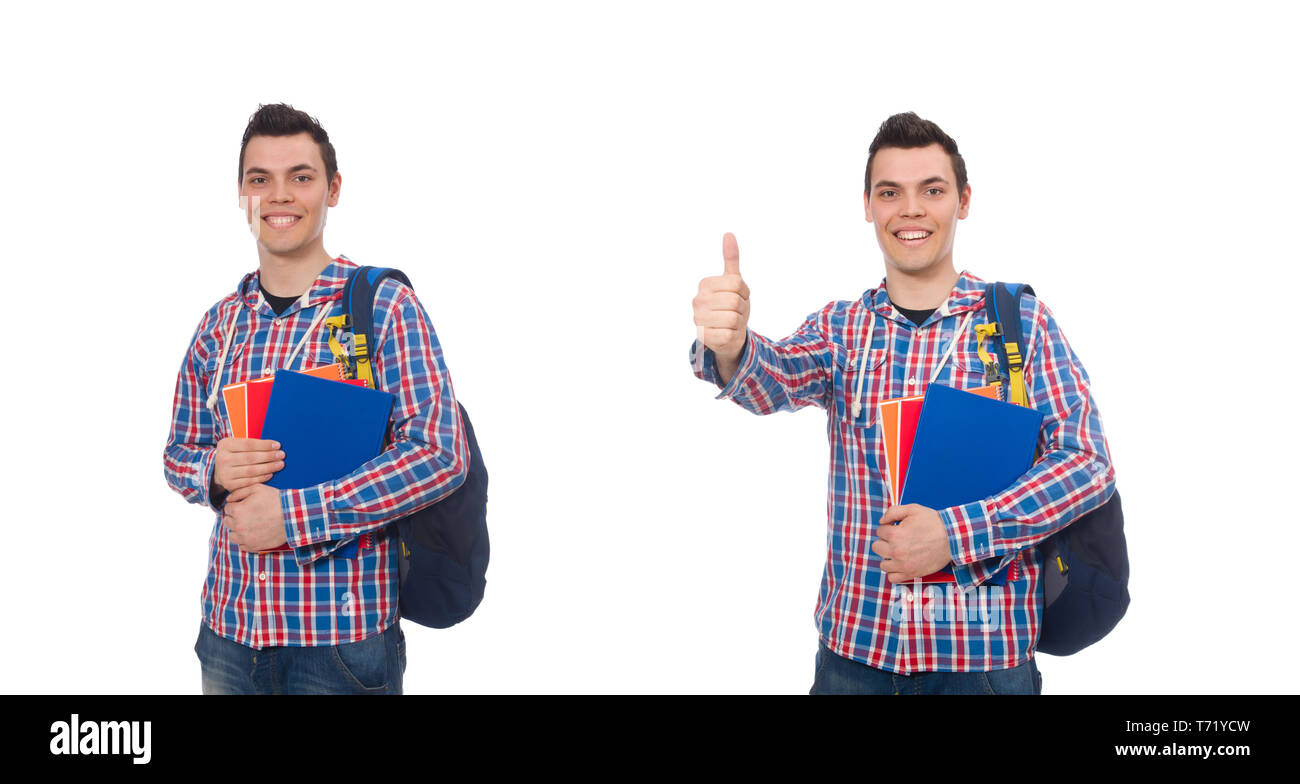 Smiling caucasian student with backpack and book isolated on whi Stock ...