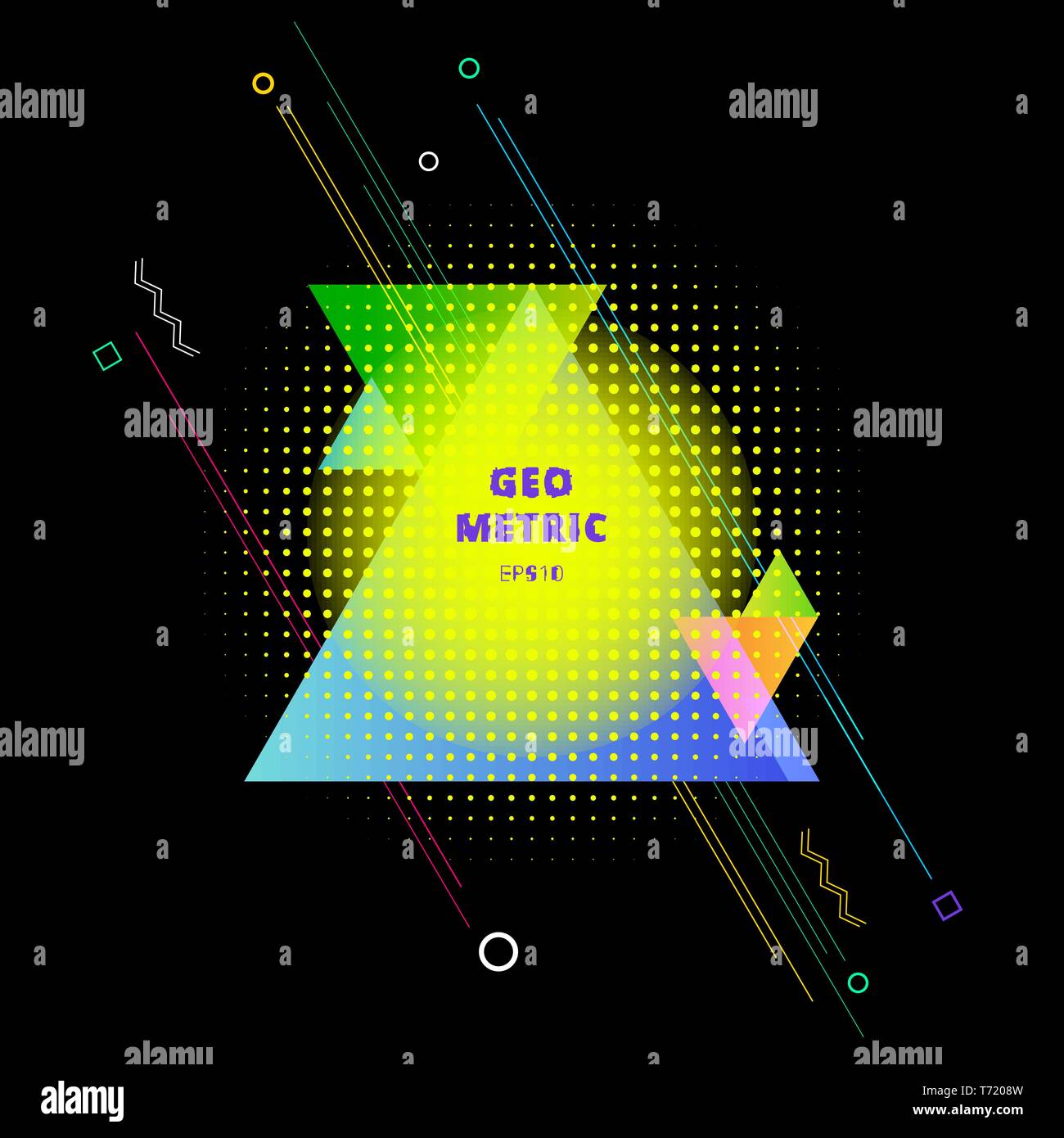 Abstract colorful geometric triangles composition with element halftone on black background. Vector illustration Stock Vector