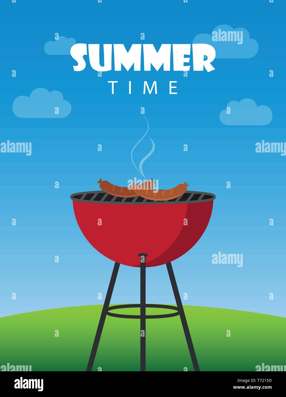 summer time bbq red kettle barbecue with sausages vector illustration EPS10 Stock Vector