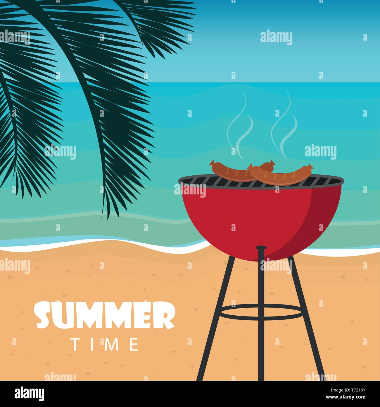 summer time barbeque on the beach with palm leaf vector illustration EPS10 Stock Vector