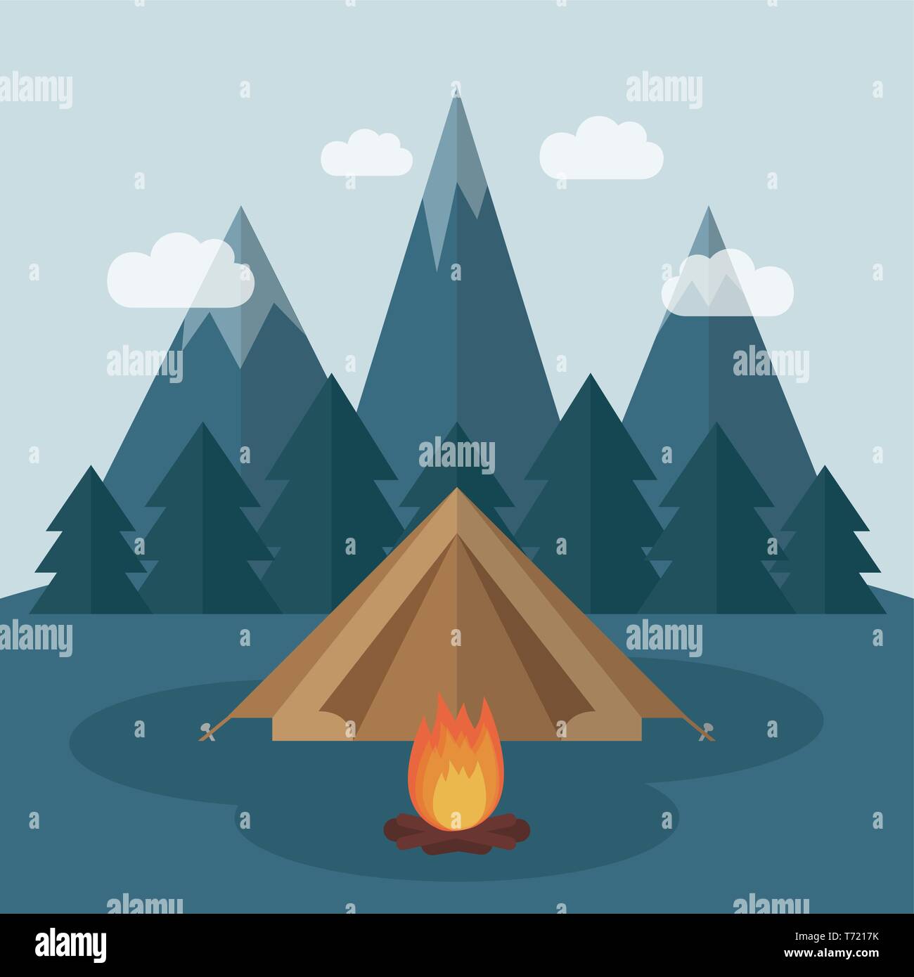 wilderness camping in a tent with snowy mountains and forest view vector illustration EPS10 Stock Vector