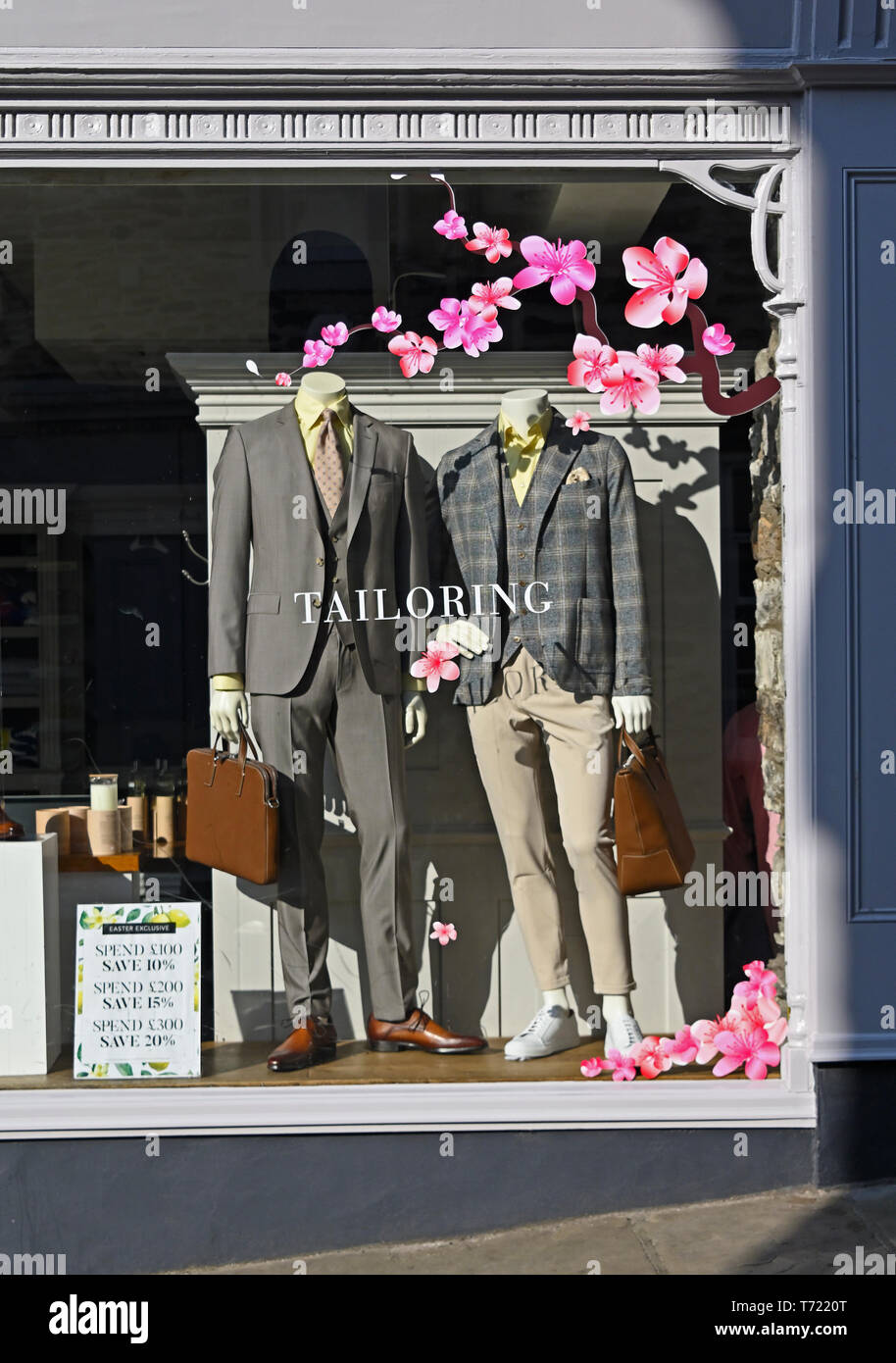 Shop window display of menswear tailoring. Jules B, Finkle Street, Kendal, Cumbria, England, United Kingdom, Europe. Stock Photo