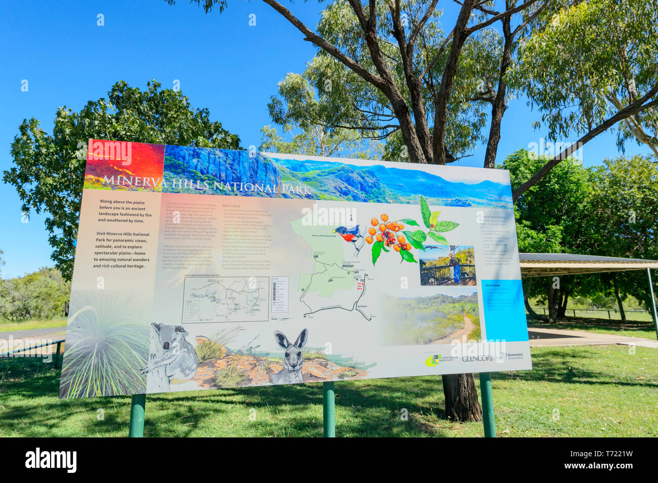Information sign about Minerva Hill National Park, Queensland, QLD, Australia Stock Photo