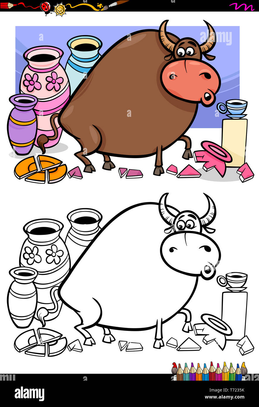 bull in a china shop coloring book Stock Photo