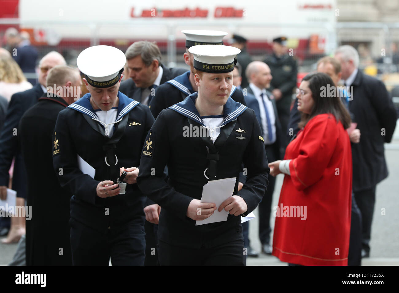Submariners arrive to attend a service at Westminster Abbey, which The Duke of Cambridge will also attend to recognise fifty years of continuous deterrent at sea in his capacity as Commodore-in-Chief of the Submarine Service. Stock Photo