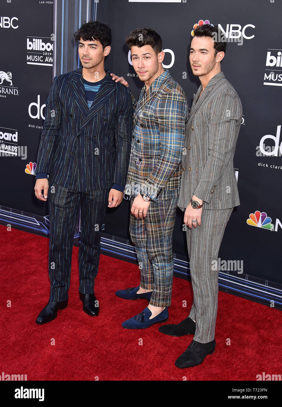 LAS VEGAS, NV - MAY 01: (L-R) Joe Jonas, Nick Jonas, and Kevin Jonas of the Jonas Brothers attend the 2019 Billboard Music Awards at MGM Grand Garden Arena on May 1, 2019 in Las Vegas, Nevada. Stock Photo