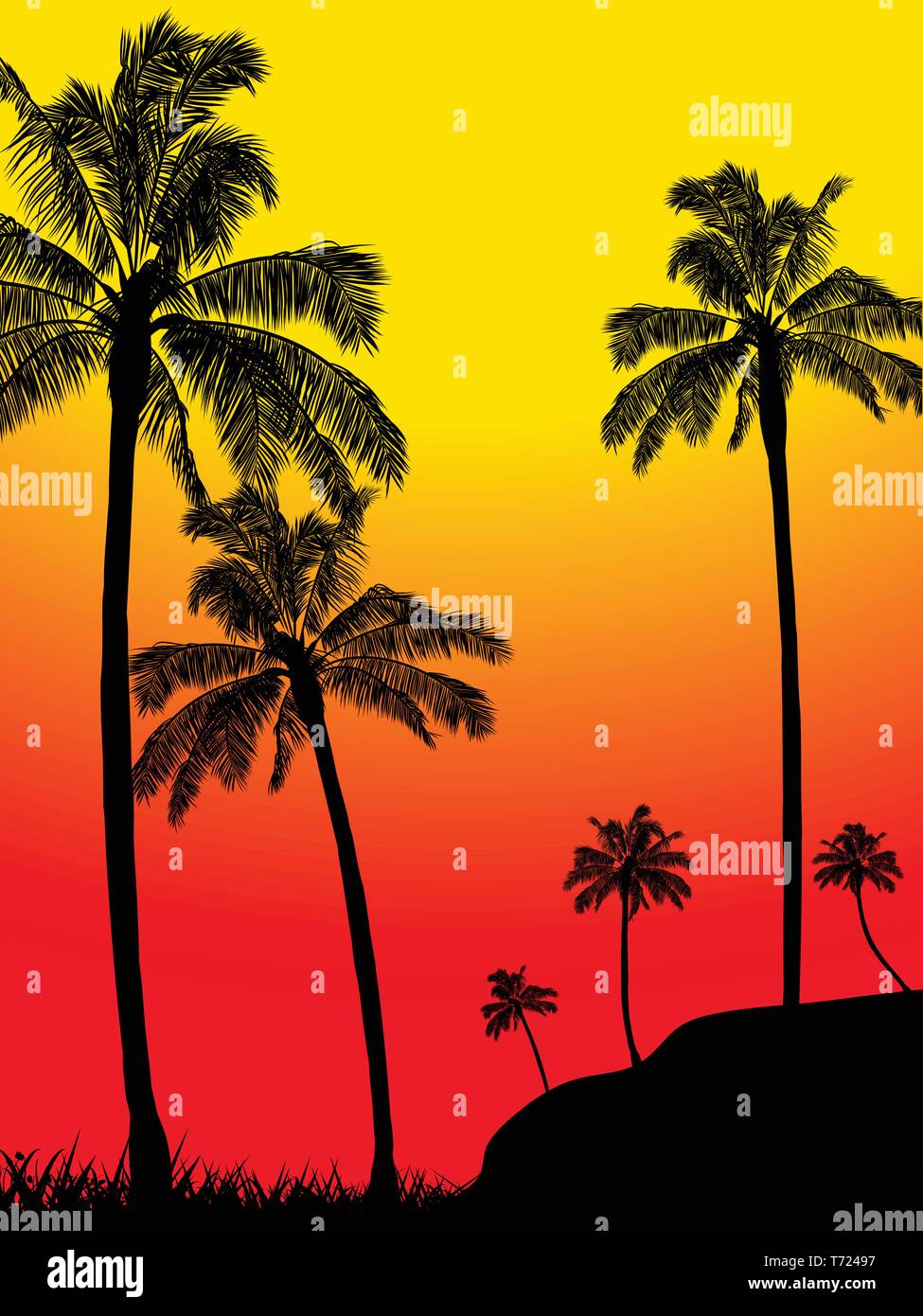Summer Tropical Palm Trees Forest Silhouette Over Yellow and Red Background Stock Vector