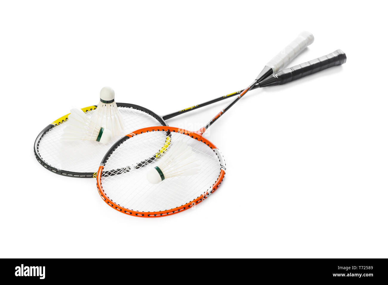 Badminton rackets and feather shuttlecocks Stock Photo Alamy