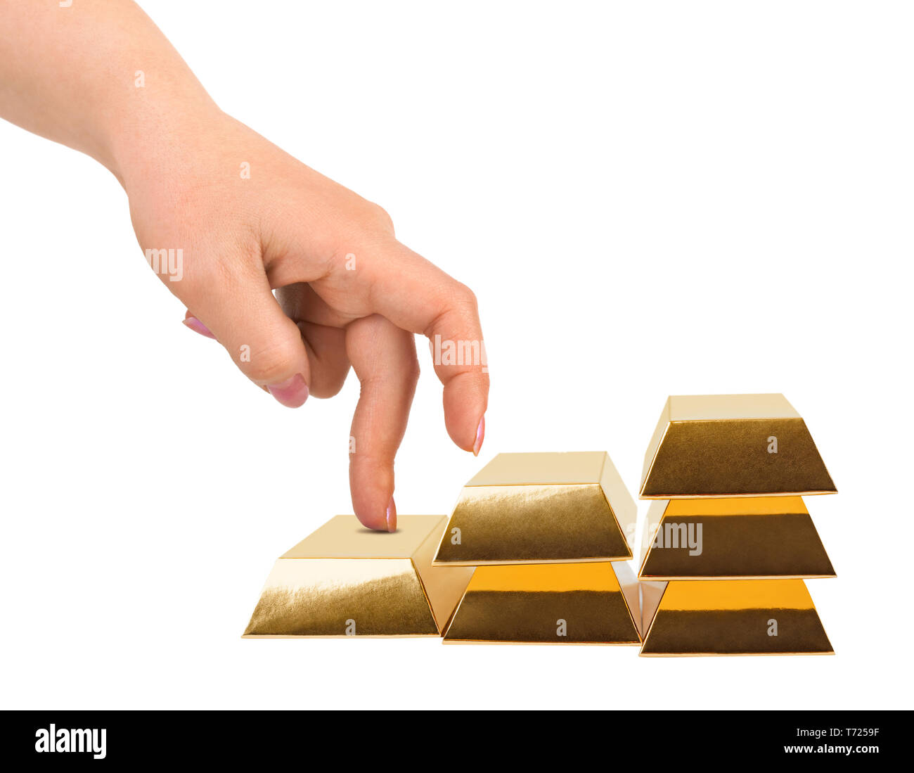 Hand and stairs made of gold bars Stock Photo