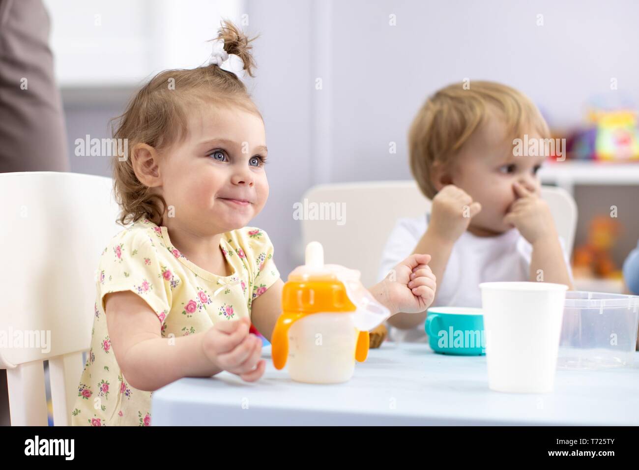 Adorable toddler girl drinking cow milk for breakfast. Healthy child having milk as health calcium source. Kids eat in nursery or daycare in the morning. Stock Photo