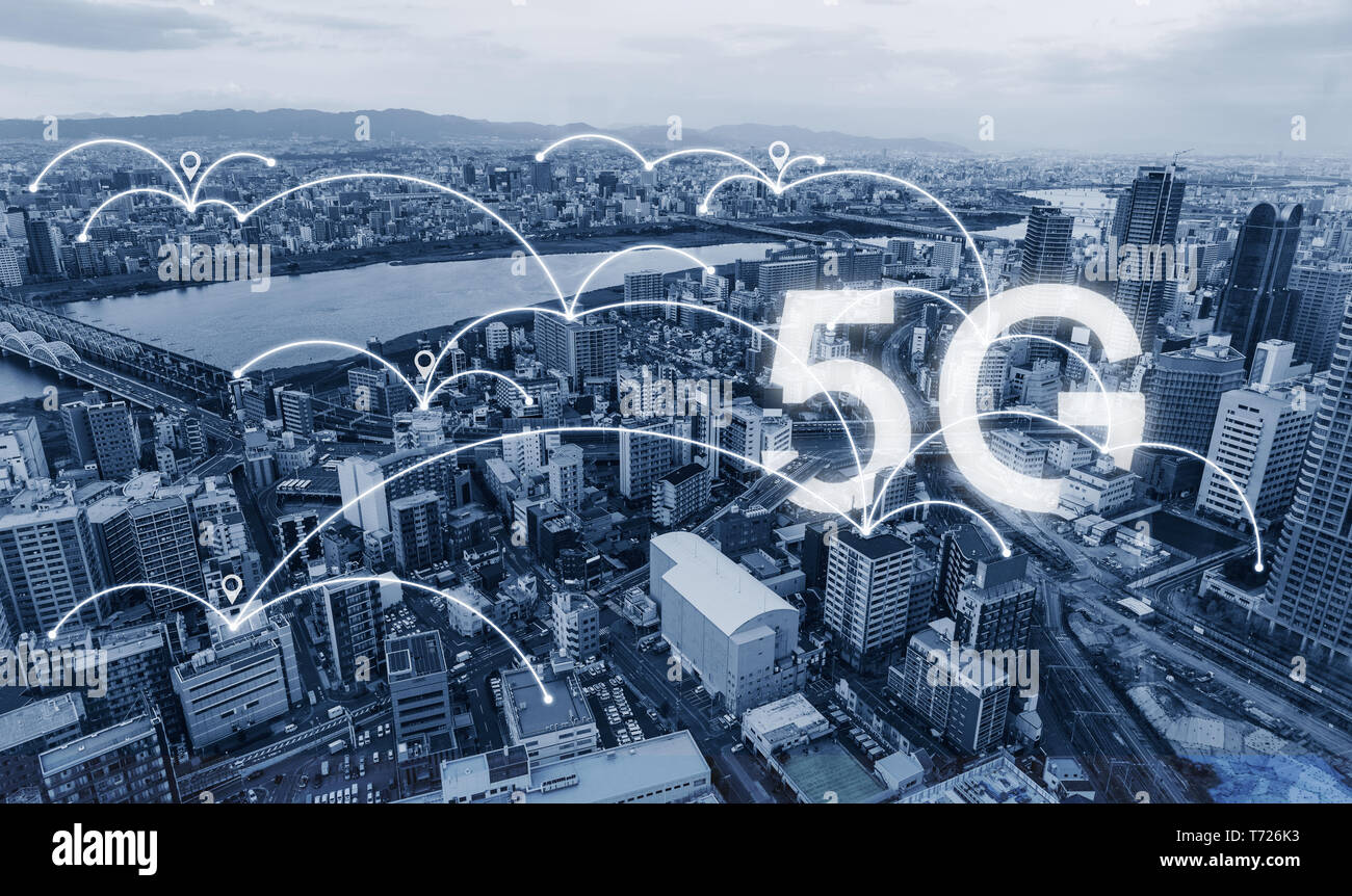 Network connection technology in the city, with 5g internet networking sign Stock Photo
