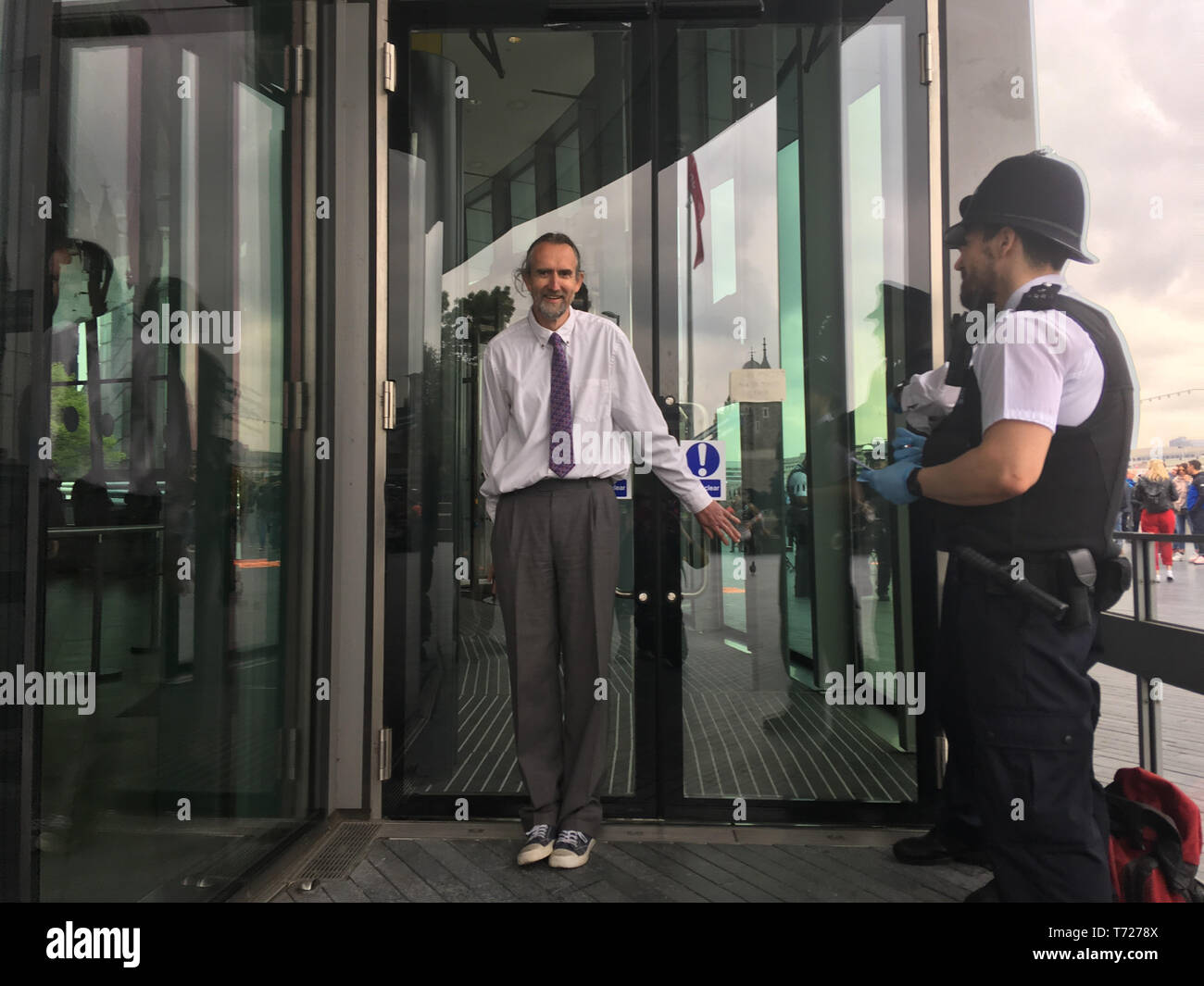 Climate protester and PhD student Roger Hallam after he and two others glued themselves to City Hall in London to raise awareness of climate change ahead of the EU elections. Stock Photo