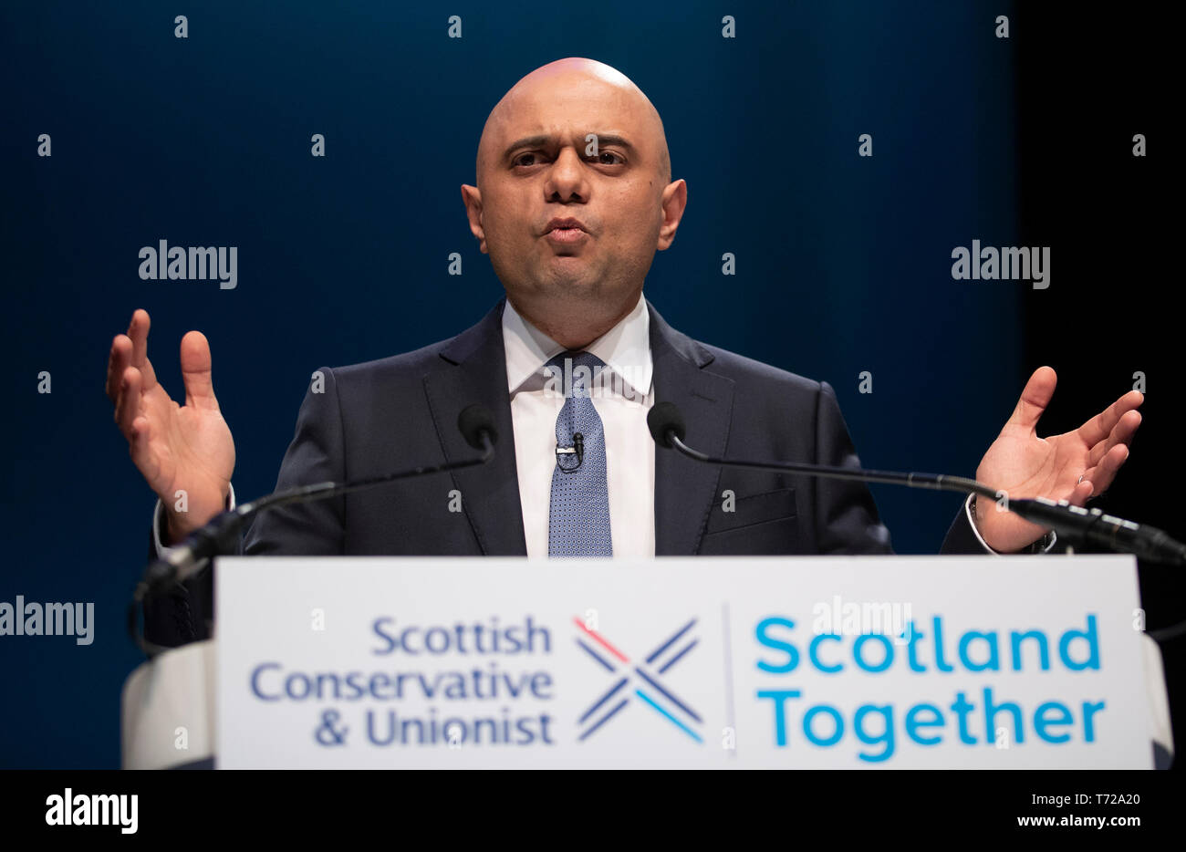 Home Secretary Sajid Javid addresses delegates during the Scottish Conservatives' annual party conference at the Aberdeen Exhibition and Conference Centre. Stock Photo