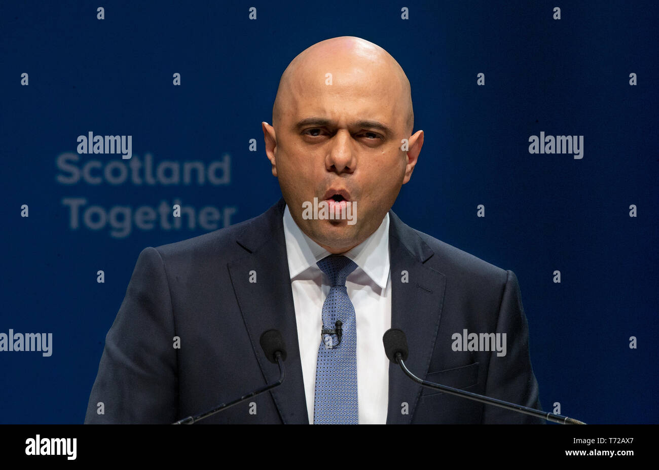 Home Secretary Sajid Javid addresses delegates during the Scottish Conservatives' annual party conference at the Aberdeen Exhibition and Conference Centre. Stock Photo