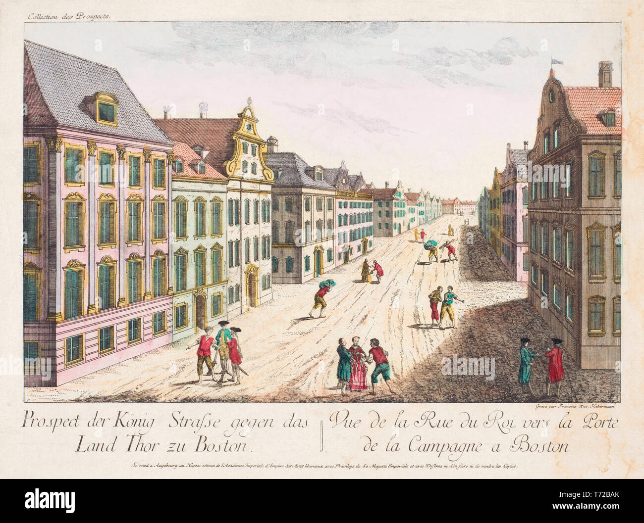View down King Street,  Boston in the 18th century.   After a hand-coloured 18th century print.   King Street is now known as State Street.  Later colourization. Stock Photo