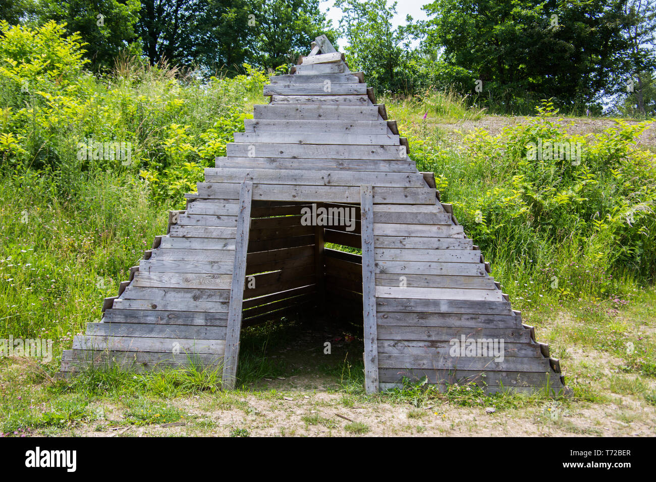 Planks pyramid at the forest edge Stock Photo