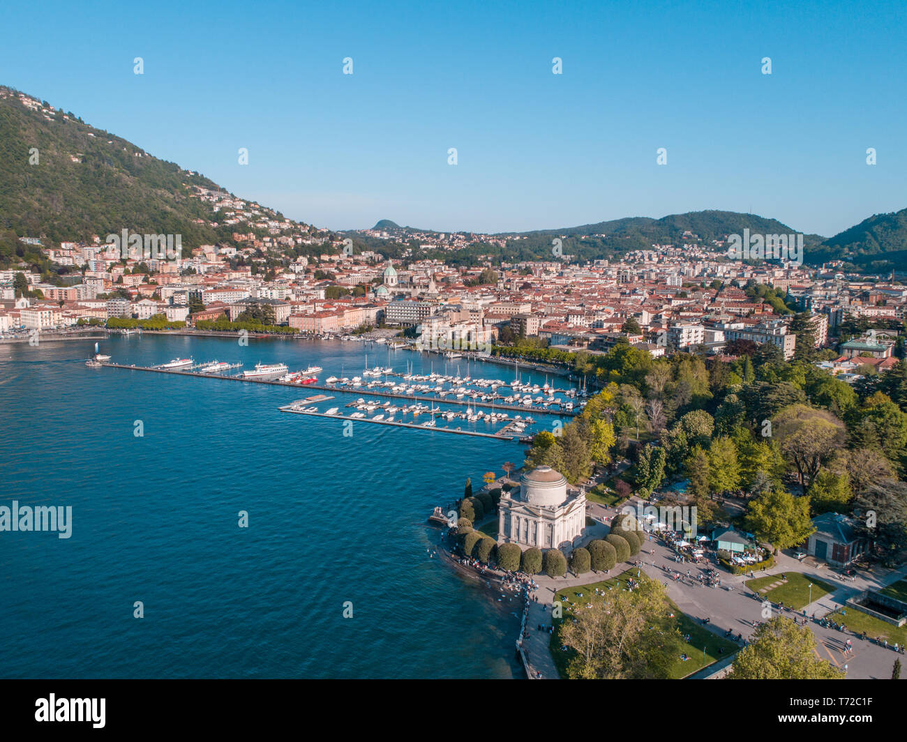 Volta temple and the city of Como. Holidays on Como lake in Europe Stock Photo