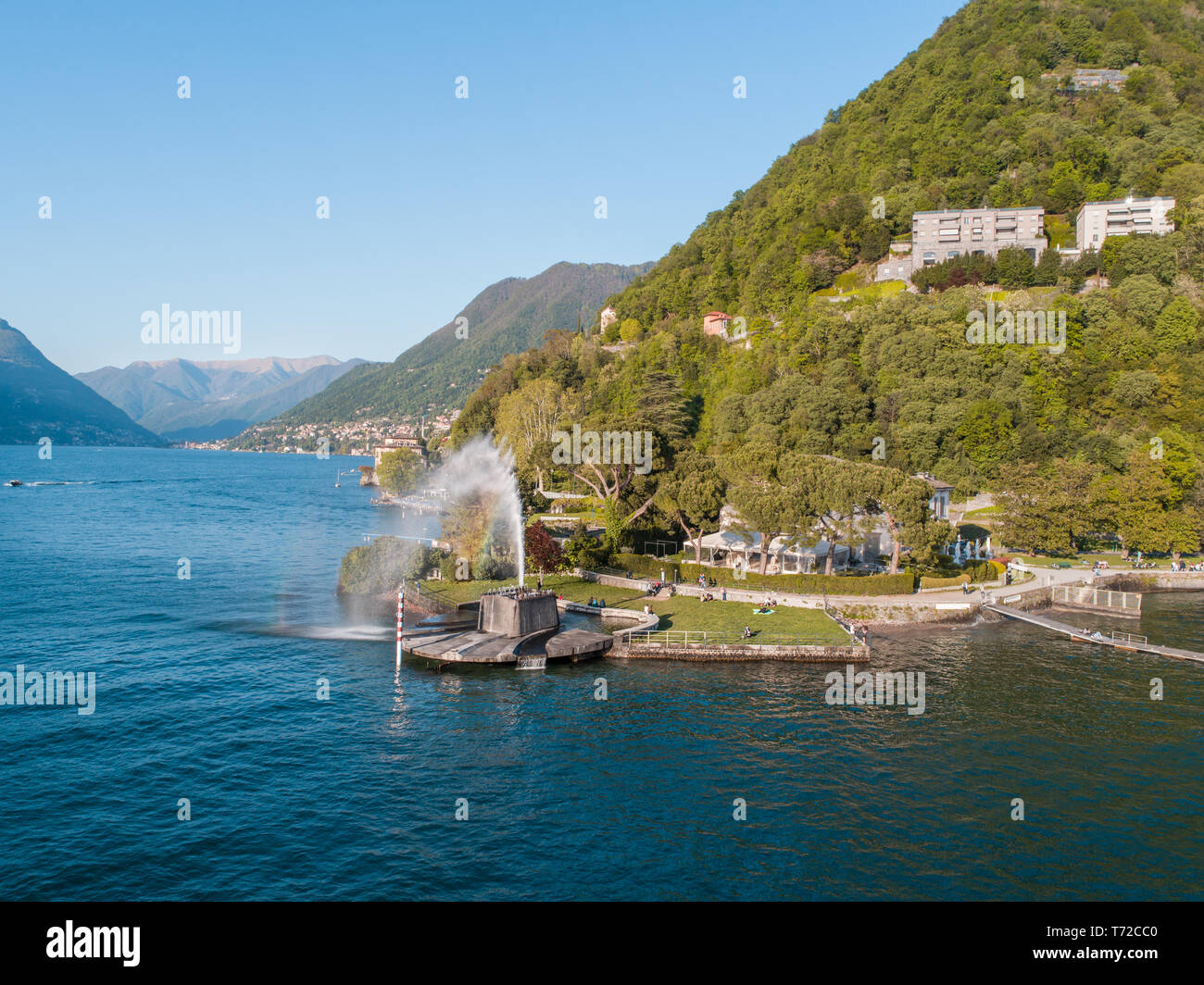 Lake of Como, Villa Geno and big fountain. Tourist attraction in Italy Stock Photo