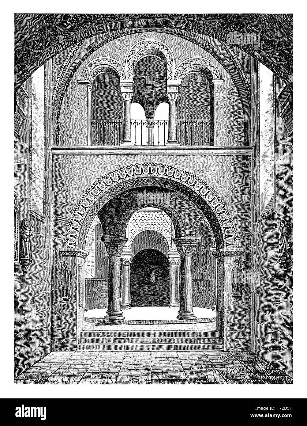 Interior of the St. Michael's Church, in Fulda, Hesse in Carolingial style built in 8th century as burial chapel to Fulda monastery, prominent medieval cultural center Stock Photo