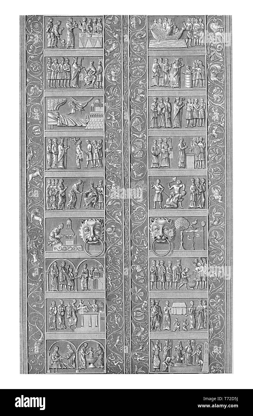 Gniezno Doors are the medieval bronze entrance gates of the Gniezno Cathedral in Gniezno, Poland, decorated with scenes in bas-relef from the life of St. Adalbert in Romanesque style. Stock Photo
